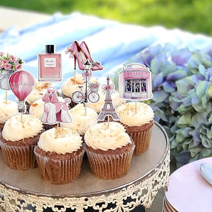 32Pcs Paris Party Cupcake Topper Pick Eiffel Tower Bicycle High Heels Flowers For Kids Birthday And Baby Shower Birthday Party Decoration