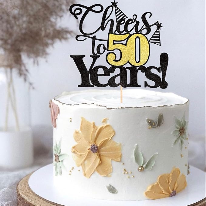 Rsstarxi 1 Pack Cheers to 50 Years Cake Topper Black Glitter Fifty Years Old 50th Birthday Cake Pick Decorations for 40th Birthday Wedding Anniversary Party Supplies
