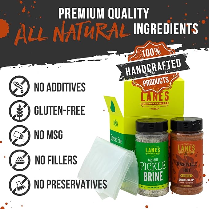 Lane's Pickle Brine Seasoning Bundle with Nashville Hot Chicken Wing Seasoning & 24" x 24" Extra Large Brining Bag, All-Natural, No MSG, Made in USA
