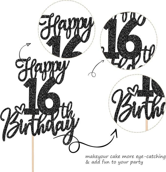 1 PCS Happy 16th Birthday Cake Topper Glitter Cheers to 16 Years Birthday Cake Pick Sixteen Sweet 16 Cake Decoration for Happy 16th Birthday Anniversary Theme Party Decorations Supplies Black