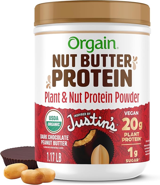 Orgain X Justin's 짰 Organic Vegan Nut Butter Protein Powder, Chocolate Peanut Butter- 20g Plant Protein, 1g Sugar, Gluten Free, No Dairy, Soy Ingredients, or Artificial Flavors, 1.17 lb