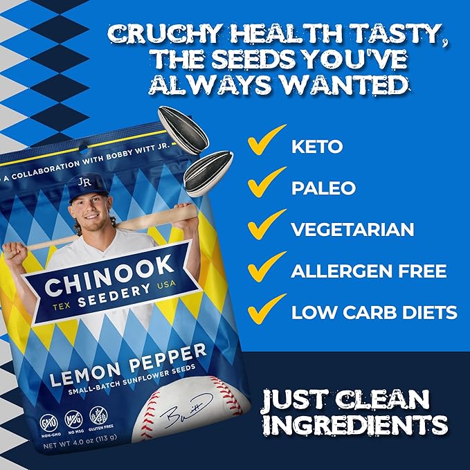 Chinook Seedery Roasted Jumbo Sunflower Seeds - Keto Snacks, Gluten-Free, Non-GMO, Lemon Pepper 4 oz (12-Pack)