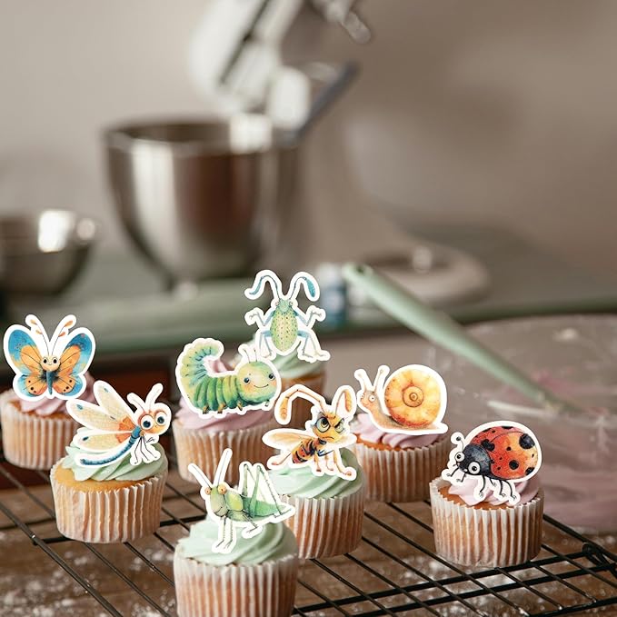 60 Pack Edible Green Caterpillar Cupcake Topper Wafer Paper Nature Insect Hungry Caterpillar Dragonfly Cupcake Picks Happy Birthday Anniversary Wedding Cake Decorations Party Color 1