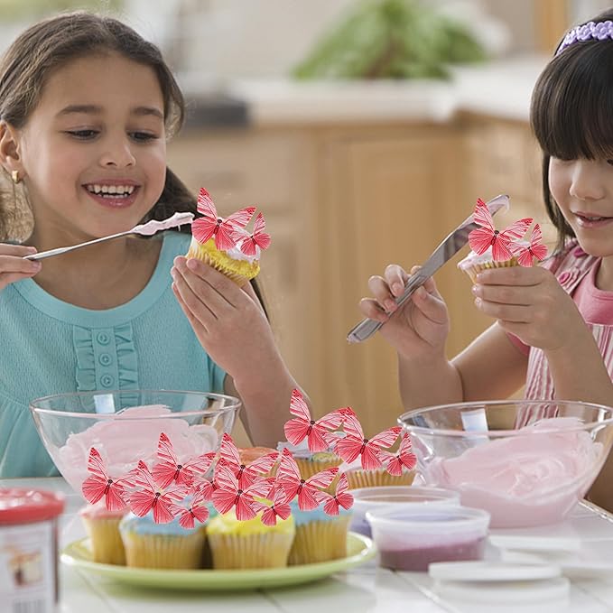 72PCS Edible Cupcake Toppers - Butterfly Cake Decoration - Edible Butterfly Cupcake Picks for Baby Shower, Kids Birthday Party - Rose Red