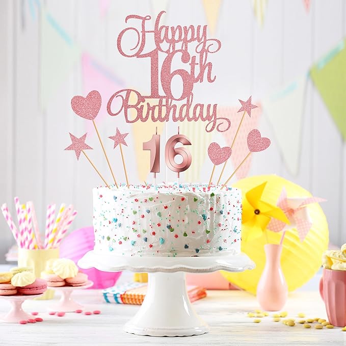 16th Birthday Cake Decorations, 16th Birthday Candles Cake Numeral Candles and Glitter Happy 16th Birthday Cake Toppers Set for Birthday Party Supplies (Rose Gold)