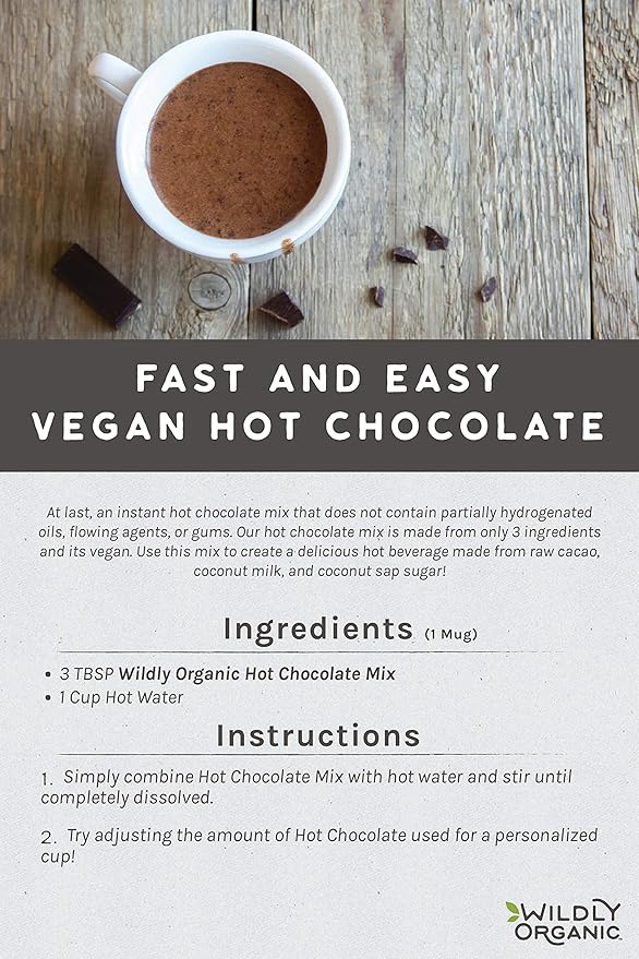 Wildly Organic Hot Chocolate Mix - 16 Oz, 1 lb Bag - Organic, Vegan, Raw Cacao, Fair Trade, Dairy-Free, Gluten-Free - 3 Ingredients: Cacao, Coconut Sugar, Coconut Milk Powder