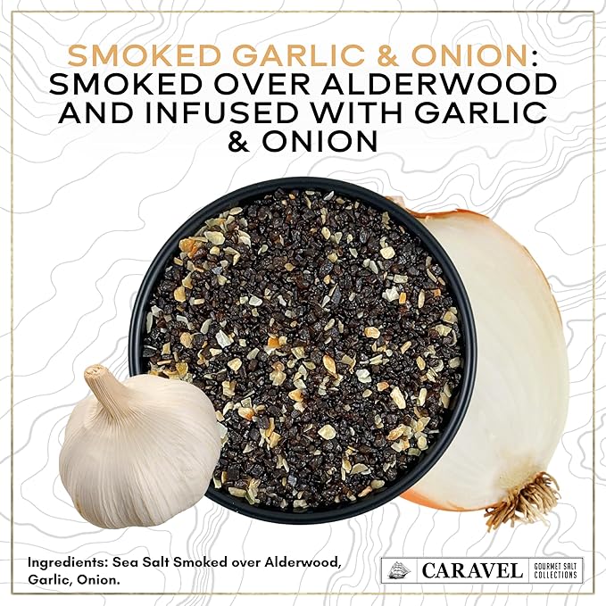 Alderwood Smoked Sea Salt Mega Sampler, Smoked Bacon Chipotle, Garlic & Onion Sea Salt, 4 oz Jar 4-Pack, Caravel Gourmet