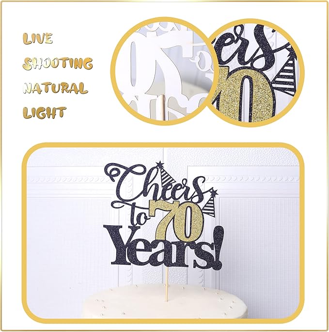Rsstarxi 1 Pack Cheers to 70 Years Cake Topper Glitter Seventy Years Old 70th Birthday Cake Pick 70 Fabulous Cake Decorations for Happy 70th Birthday Wedding Anniversary Party Supplies Black