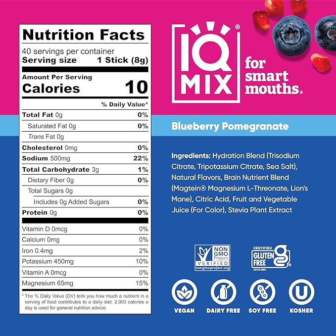 IQMIX Hydration Electrolyte Powder ??4-in-1 Formula for Hydration, Mental Clarity, Mood and Recovery ??Sugar-Free Drink Mix, Keto, Magnesium L-Threonate, Lion?™s Mane ??40 Count Blueberry Pomegranate