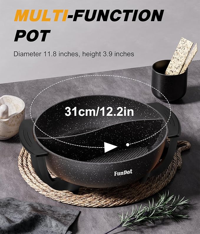 6L Electric Hot Pot with Black Graphene Handles, 1100W Adjustable Temperature Control, Non-Stick Coating, Dual Compartment & Overheat Safe (Simple On/Off Control)