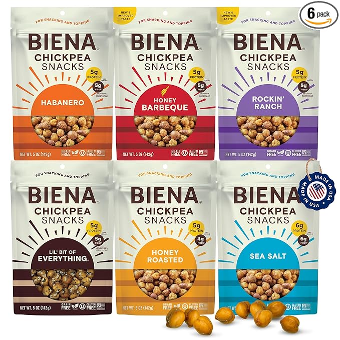 BIENA Chickpea Snacks - Crunchy Roasted Chickpeas - High Fiber Vegan Protein Snack for Adults & Kids - 6-Pack, 5 oz Bags - BBQ, Habanero, Honey Roasted, Lil' Bit of Everything, Sea Salt, Rockin' Ranch