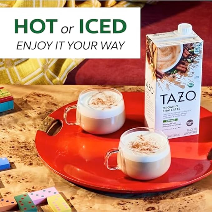 TAZO Organic Chai Latte Concentrate, Hot or Iced Black Tea, Easy-to-Serve, Everyday Lattes and Mocktails, 32 oz Carton (Pack of 2)