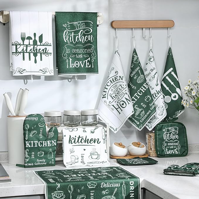 Bencailor 12 Pcs Farmhouse Kitchen Decor Sets, 8 Green Kitchen Dish Towels 2 Pot Holders 2 Oven Mitts Glove, Rustic Hand Towels and Dishcloths Sets for Home Decorations Accessories Christmas Mom Gifts