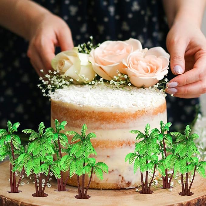 12 Pack Plastic Palm Tree Cupcake Toppers Miniature Palm Tree Figurines Cupcake Picks Micro Aquarium Garden Plant Building Landscape Coconuts Birthday Cake Decorations Party Supplies Green