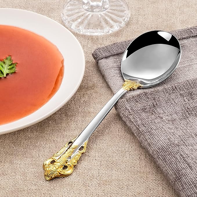 KEAWELL Gorgeous Round Soup Spoon, Set of 4, 18/10 Stainless Steel, Luxury Bouillon Spoon, Dishwasher Safe, Fine Mirror Polished (Gold Accent)