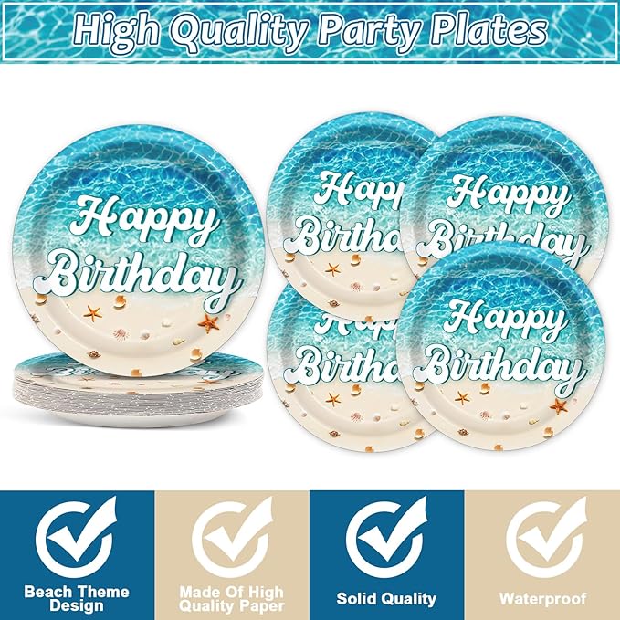 96Pcs Beach Happy Birthday Plates and Napkins Ocean Waves Ocean Seashell Party Decorations Beach Themed Party Dessert Plates Summer Pool Tableware for 24 Guests Hawaiian Supplies