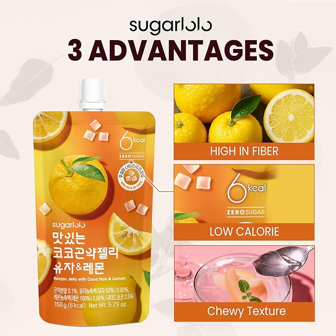 Sugarlolo Konjac Sweet Coco Yuzu & Lemon Jelly Snack - Vegan Jello with Zero Sugar | Only 6 Calories per Pouch | Low Calorie Korean Snacks | 5.29 Oz (150g) | 10 Pack