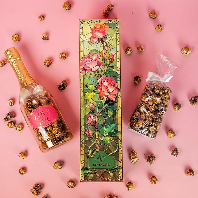SendaCake Rose Bubble Box with Caramel White Chocolate Popcorn, Ready to Gift, No Assembly Required - Happy Birthday Surprise - Unique Birthday Gift for Women, Men, Sister, Mom, Dad, Best Friend