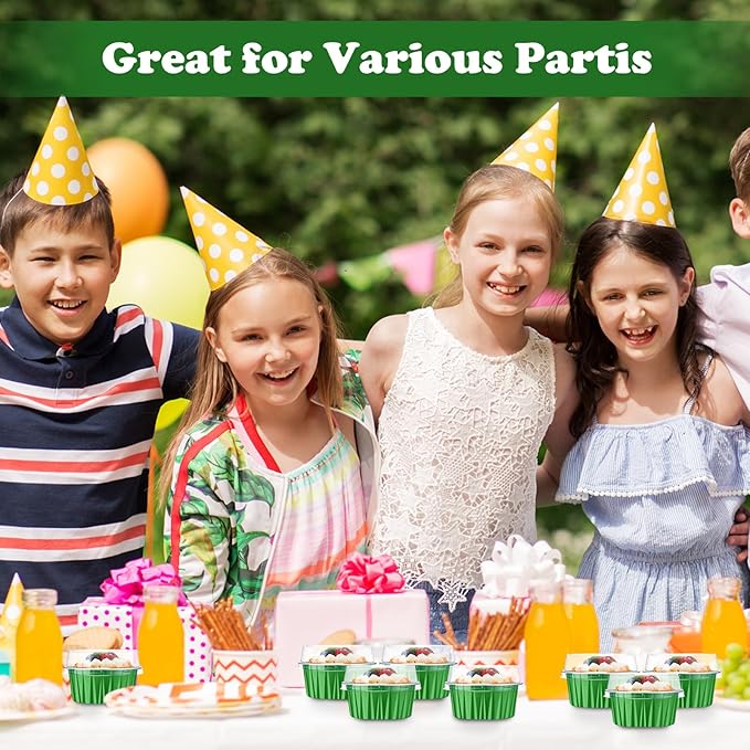 Gejoy 400 Pcs Aluminum Foil Baking Cups with Lids 5 oz Disposable Ramekins Mini Cake Pans Creme Brulee Cupcake Liners Muffin Tins Flan Mold Dessert Container for Wedding(Dark Green,Classic)