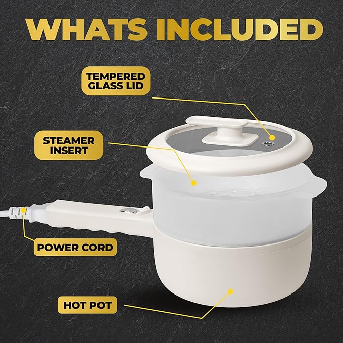 PRO 2.5L Electric Hot Pot with Lid & Steamer, Non Toxic Ceramic Cooker Skillet for Ramen, Eggs, Pasta for Dorms, Camping, RVs, Work, Adjustable Temp. - New Improved 2025 Model