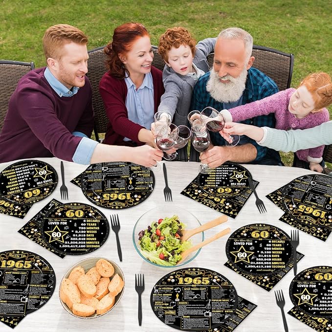 96Pcs 60th Birthday Plates and Napkins Back in 1965 Party Decorations Black Gold 60 Year Old Party Dessert Plates 1965 Tableware for 24 Guests 60th Theme Men Woman Birthday Supplies