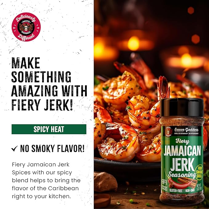 Sauce Goddess Fiery Jamaican Jerk Spice Shaker (2-Pack) - Seasonings and Spices for Cooking with Caribbean Flavors! For Chicken, Pork, Seafood & More - Low Sugar, Low Sodium, Fat-Free, Vegan Friendly
