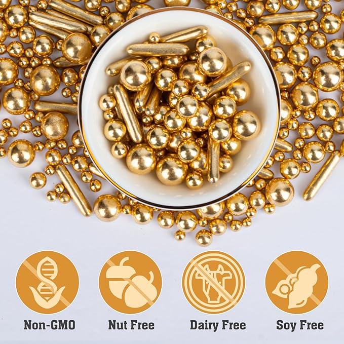 Twisweet Gold Pearl Rods Sprinkles, Edible Sugar Sprinkles for Cake Decorating Mix Size Candy Pearls for Baking Cake Topper Ice Cream Cupcake Cookie Dessert Decorations, Wedding Valentines Birthday Christmas Easter Mother's Day Supplies (130g/4.58oz)