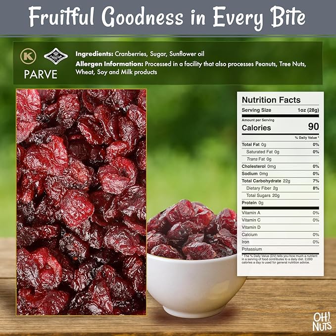 Oh! Nuts Dried Cranberries - 2 lb - Sweetened Dried Fruit - Packed in New York Zip-Seal Bag for Exceptional Freshness