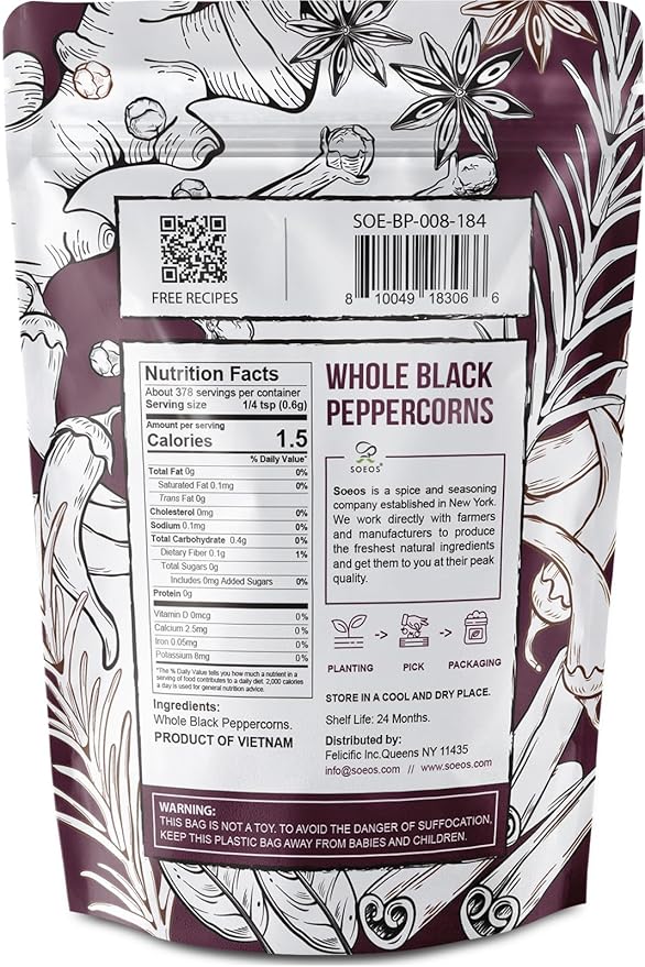 Soeos Black Peppercorns, 8oz (Pack of 1), Non-GMO, Kosher, Packed to Keep Peppers Fresh, Peppercorn for Grinder Refill, Whole Peppercorns