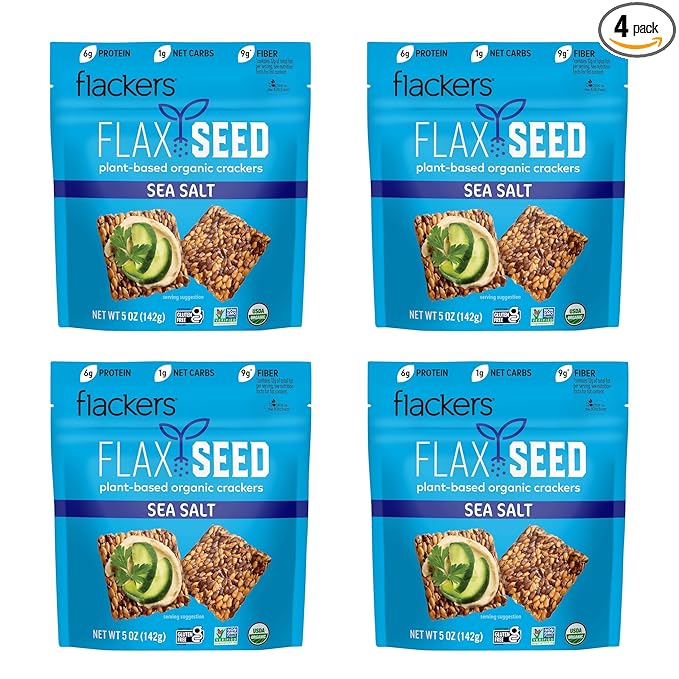 Flackers Organic Sea Salt Flaxseed Crackers, 5 Ounce 1-Pack, Gluten Free, Non GMO, Vegan, Keto Snack, 9g Fiber, 1g Net Carb