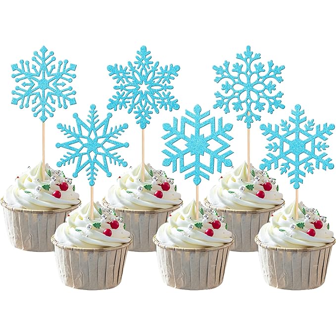 36 PCS Snowflake Cupcake Toppers Glitter Winter Frozen Theme Snowflake Cupcake Picks Winter Wonderland Cake Decorations for Baby Shower Kids Birthday Christmas Party Supplies Blue