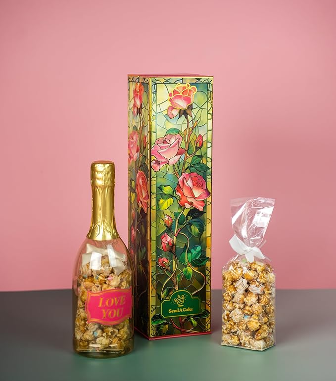 SendaCake Rose Bubble Box with Caramel White Chocolate Popcorn, Ready to Gift, No Assembly Required - Happy Birthday Surprise - Unique Birthday Gift for Women, Men, Sister, Mom, Dad, Best Friend