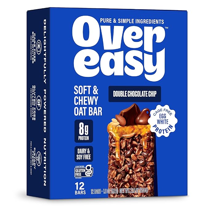 OVER EASY Double Chocolate Chip Oatmeal Breakfast Bars - Granola and Protein Bars -12 Energy Snack Bars - Clean, Organic, Gluten Free, Dairy Free, Soy Free and Kosher (Double Chocolate Chip, 12 Count