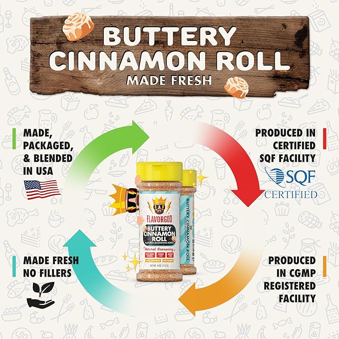 Flavor God 2 Bottles Buttery Cinnamon Roll Seasoning Topper Mix, Natural Healthy Blend, Bread, Pudding, Coffee Sprinkles, Oatmeal, Sandwiches & Ice Cream, Low Sodium, Kosher, Gluten Dairy Free