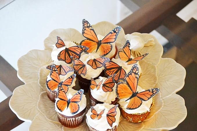 NEW - Edible Butterflies Assorted Set of 15 - Wafer Cake & Cupcake Toppers - edible butterflies for cake decorating - butterfly decorations (Orange Monarch)