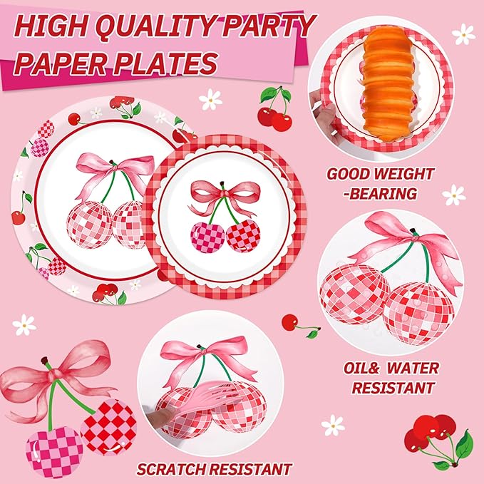 96Pcs Cherries Theme Plates and Napkins Pink Bow Cherry Birthday Party Decoration Disco Ball Disposable Dessert Cake Plates Cherries Paper Dinner Tableware for 24 Guests Girls Boys Kids Party Supplies