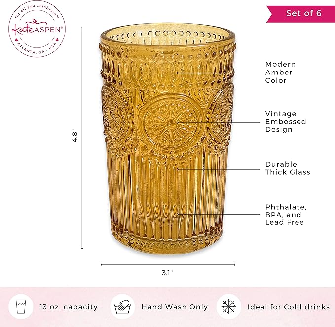 Kate Aspen Vintage Textured Amber Striped Drinking Glasses Set of 6-13 oz Ribbed Glassware with Flower Design | Cocktail Set, Juice Glass, Iced Coffee Cup