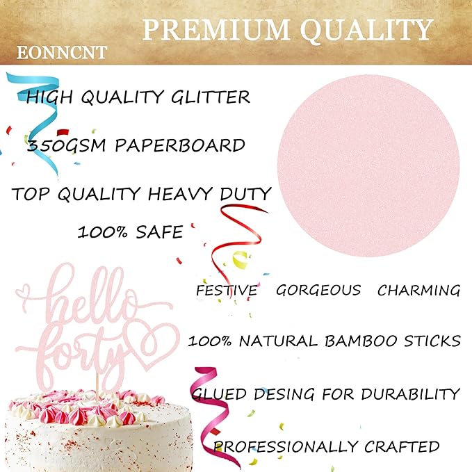 Hello Forty Cake Topper - Light Pink Glitter 40th Birthday Cake Decorating Supplies for Women, Hello 40 Cake Decor for 40th Birthday/Anniversary Party Photo Booth Props