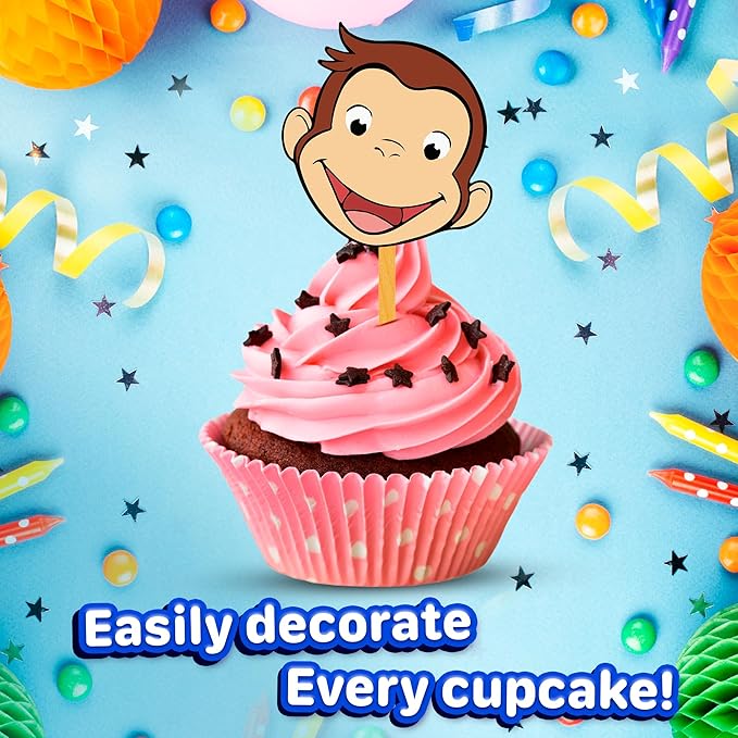 24x Curious Monkey Cupcake Toppers ??Strong Picks Happy Birthday D챕cor, Cupcake Decorations for Kids Birthdays