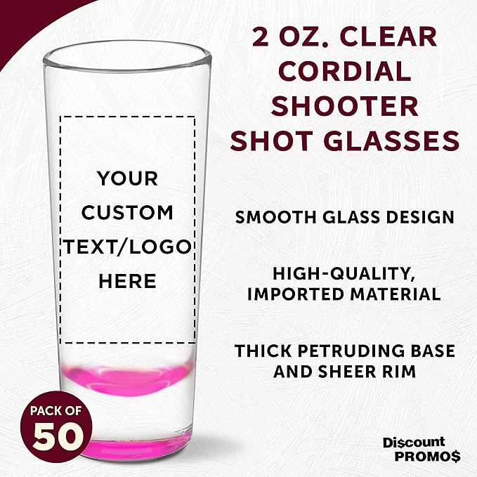 Custom Cordial Shooter Shot Glasses 2 oz. Set of 50, Personalized Bulk Pack - Great for Birthdays, Parties, Indoor & Outdoor Events - Pink
