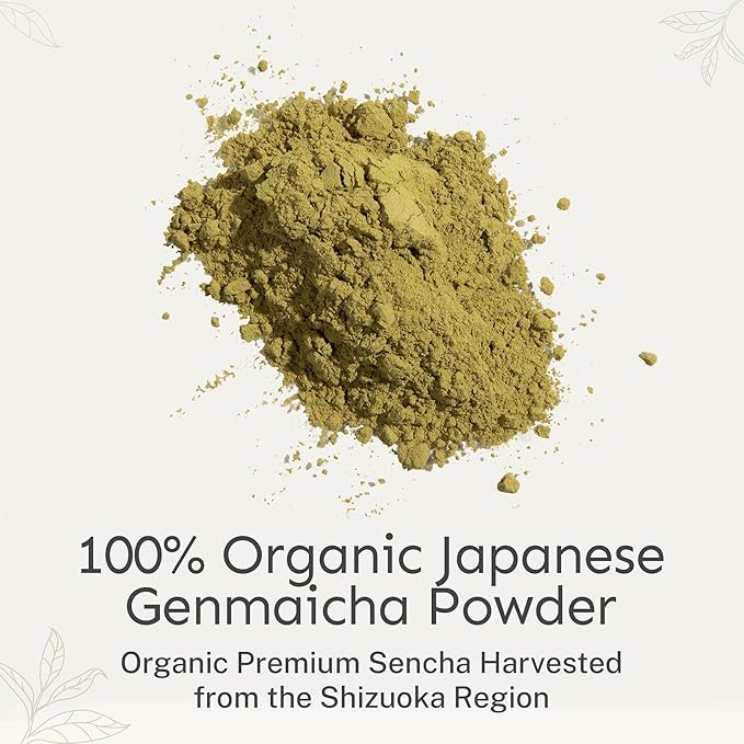 Yu Tea Organic Genmaicha Green Tea Powder | Japanese Green Tea & Roasted Brown Rice | Low Caffeine & Unsweetened | Relaxation, Antioxidants & Digestion | Resealable Pouch, 2.65 oz, 75 Servings
