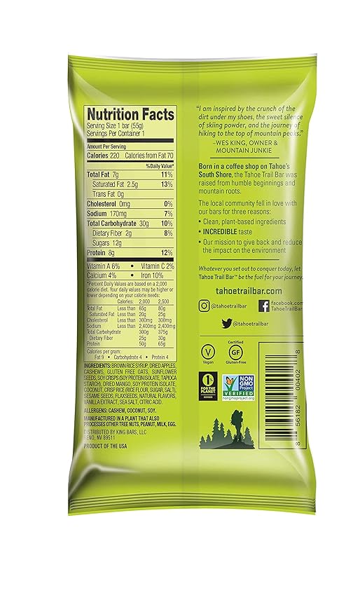 Tahoe Trail Bar, Plant-Based Natural Energy Bar (1.94 Ounce Protein Bar, 12 Count) High Protein Non-GMO, Gluten-Free, Vegan Healthy Snacks - Mango Coconut