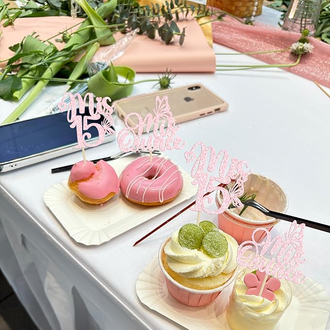 Gyufise 24Pcs Mis Quince 15 Cupcake Toppers Glitter 15th Birthday Cake Toppers Fifteen Dessert Decor Cheers to 15 Years Party Decorations Light Pink