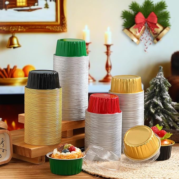 Gejoy 400 Pcs Aluminum Foil Baking Cups with Lids 5 oz Disposable Ramekins Mini Cake Pans Creme Brulee Cupcake Liners Muffin Tins Flan Mold Dessert Container for Wedding(Multicolor,Classic)