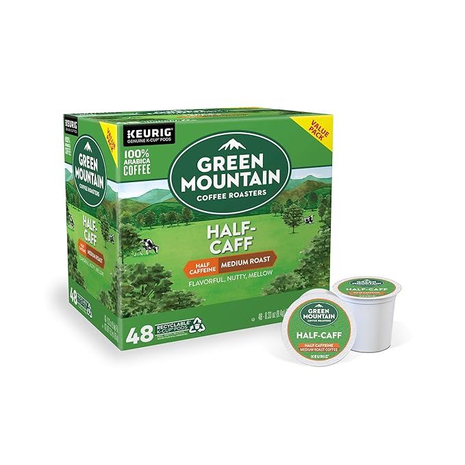 Green Mountain Coffee Roasters Half Caff, Single-Serve Keurig K-Cup Pods, Medium Roast Coffee Pods, 48 Count
