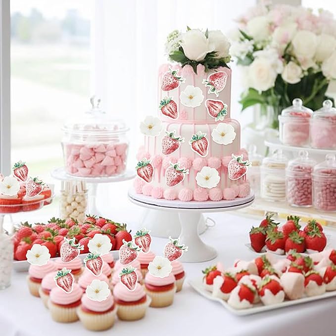 60 Pack Edible Sweet Strawberry Cupcake Toppers First Birthday Strawberry Cake Toppers Rice Paper Wafer Paper Cake Picks for Fruit Baby Shower 1st Birthday Berry Sweet Kids Cake Decorations Pink