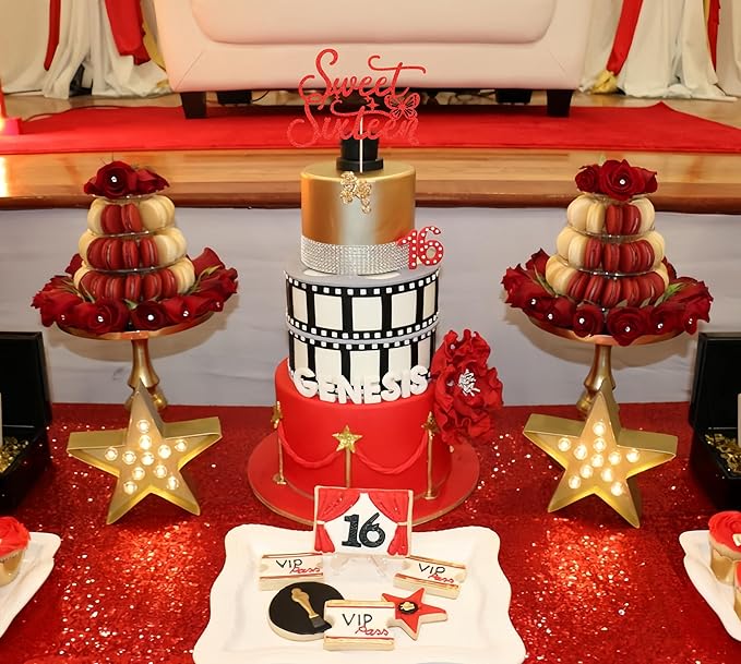 Sweet Sixteen Cake Topper - Red Glitter Butterfly Theme Sweet 16 Birthday Cake Decorating Supplies for Girls, Sweet 16 Cake Topper for Happy 16th Birthday Anniversary Party Supplies Photo Booth Props