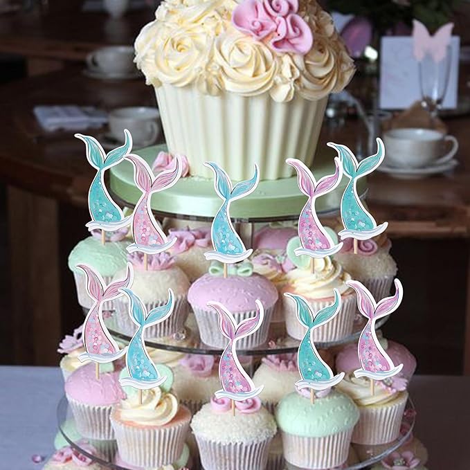 40 Pack Mermaid Cupcake Toppers Under the Sea Mermaid Tail Cupcake Picks for Summer Ocean Sea Animal Theme Baby Shower Kids Birthday Party Cake Decorations Supplies