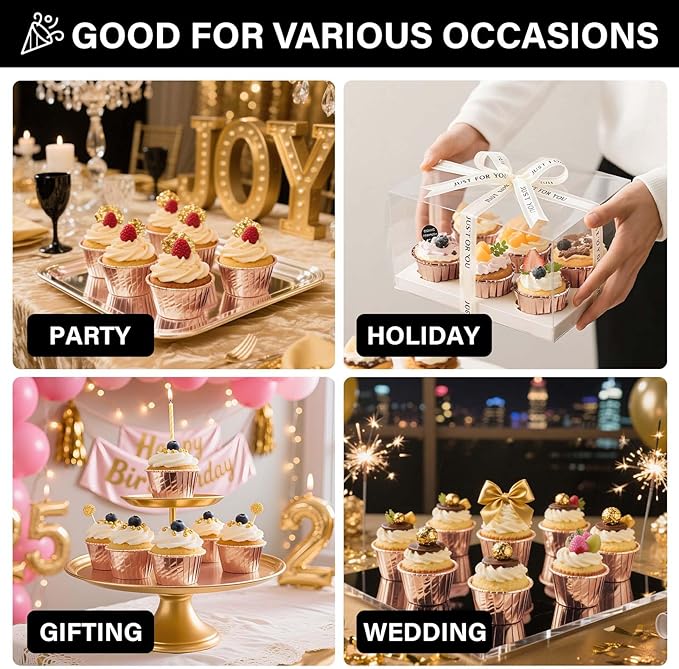 EUSOAR Cupcake Liners, 200pcs 3.5oz Disposable Ramekins Muffin Dessert Containers, Aluminum Foil Wrappers Paper Cupcake Liners Mini Cheesecakes Cups Holder for Birthday Wedding Party-Rose Gold