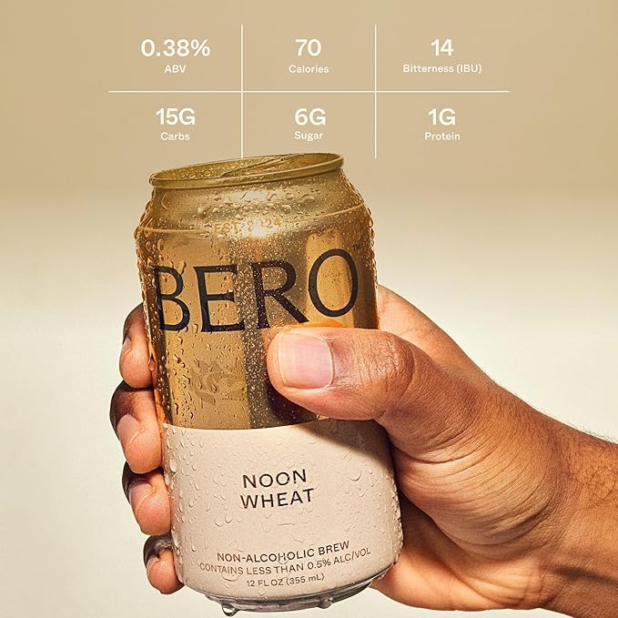 BERO Noon Wheat Non-Alcoholic Beer, 12-Pack Light Hoppy Ale-Style Craft Brew, NA Beer by Tom Holland, Wheat Flavor, Drink for Light Beer Lovers, Alcohol Alternative Beverages